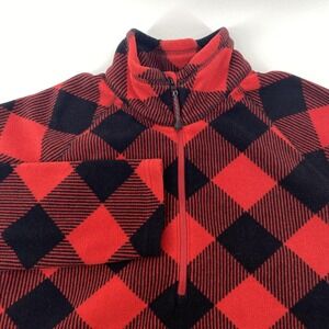 Eddie Bauer Fleece Pullover Womens XL Red Black Plaid 1/4 Zip Mock Neck‎ Raglan